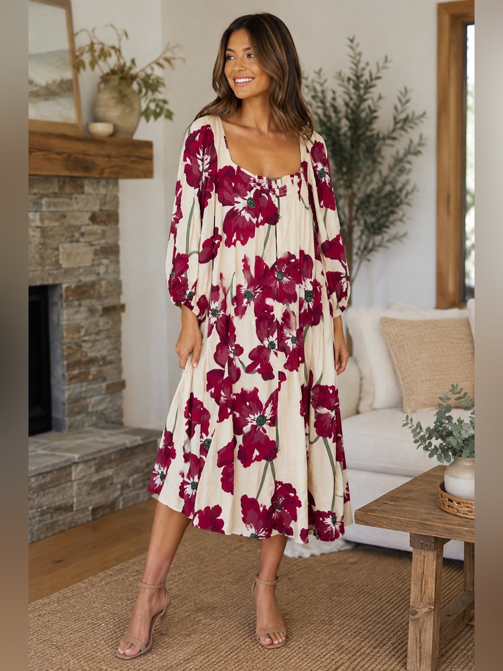 Cream Floral Midi Dress with Burgundy Blooms